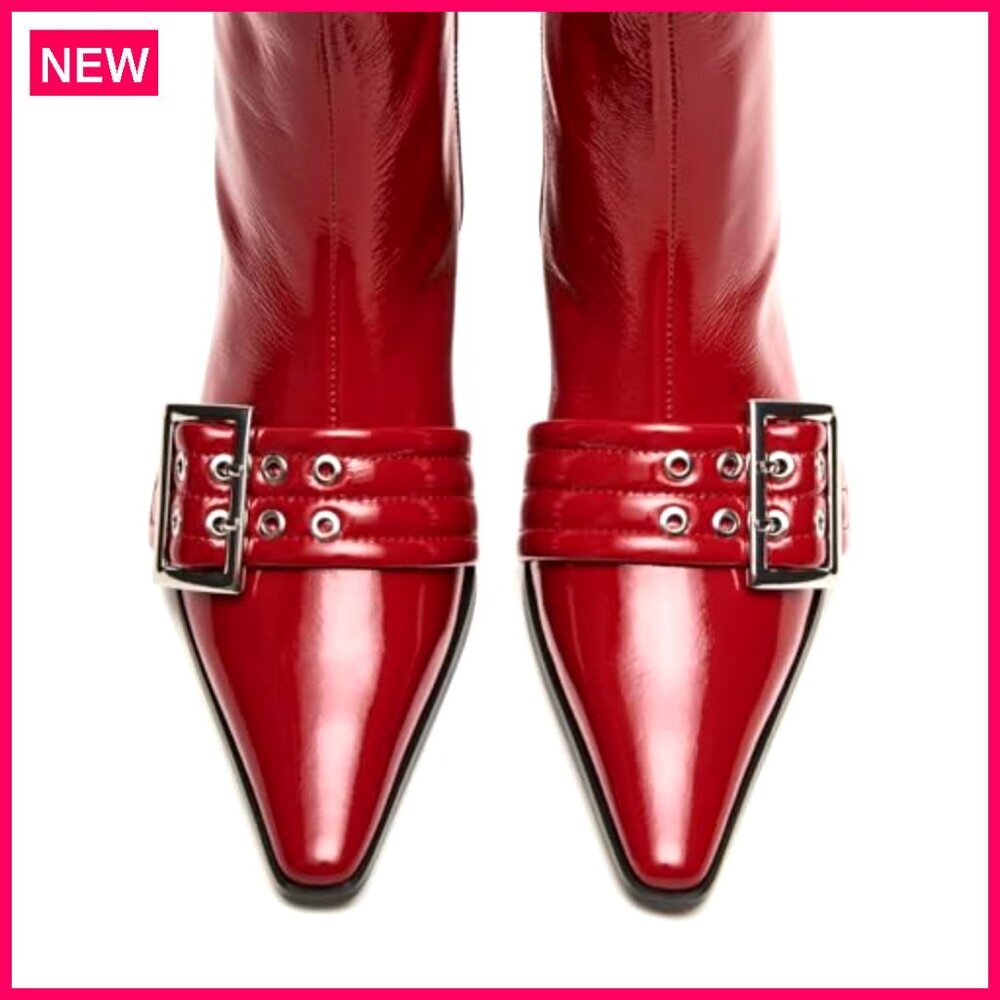 Women's Buckle Ankle Boots Kitten Heel Pointed Toe Side Zipper Dress Booties - Picture 6 of 7